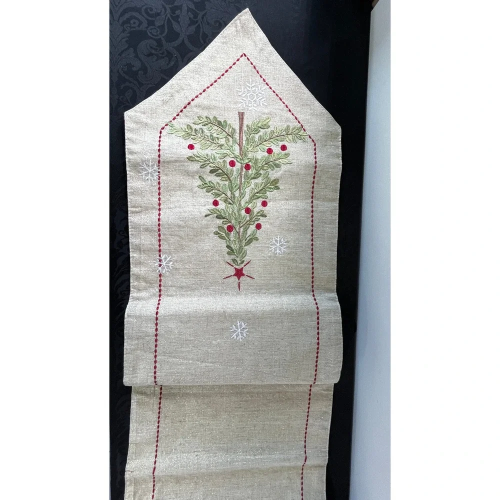 Christmas Tree Embroidered Table Runner Gold Metallic Snowflakes Neutral 72